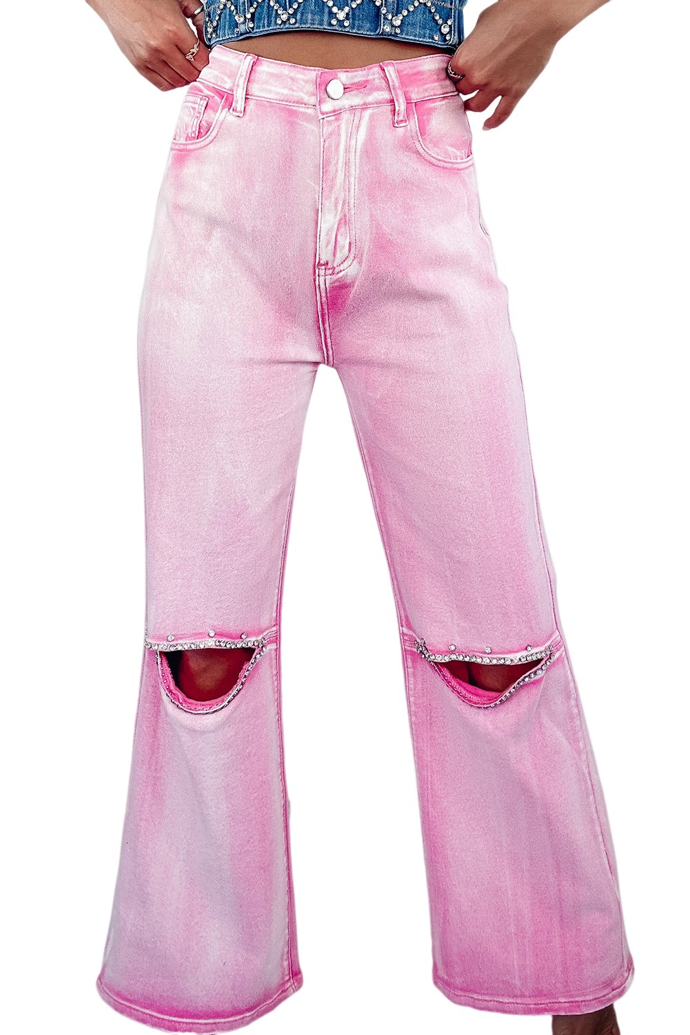 Pink Washed Rhinestone Cutout High Waist Wide Leg Jeans