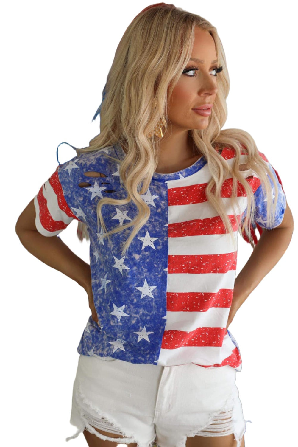 Stripe American Flag Print Distressed Round Neck T Shirt