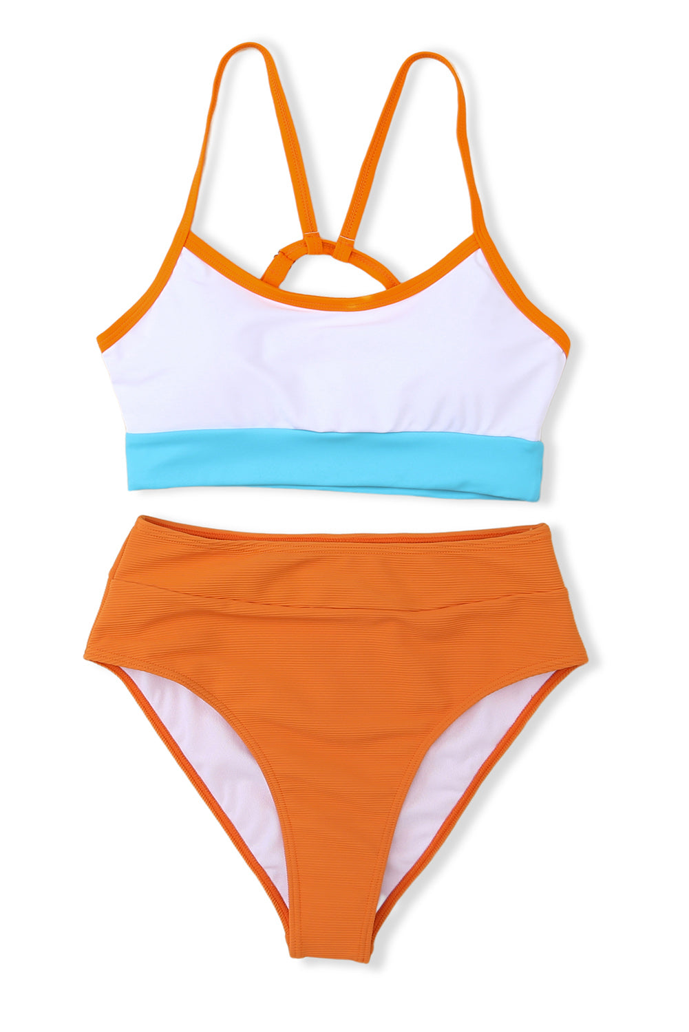 Orange Color Block Spaghetti Strap High Waist Two Piece Swimsuit