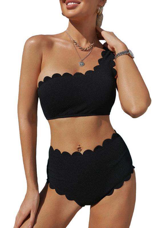 Black Sexy Scalloped Trim Asymmetrical Neck High Waist Bikini Set