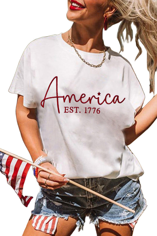White America Letter Graphic Crew Neck T Shirts