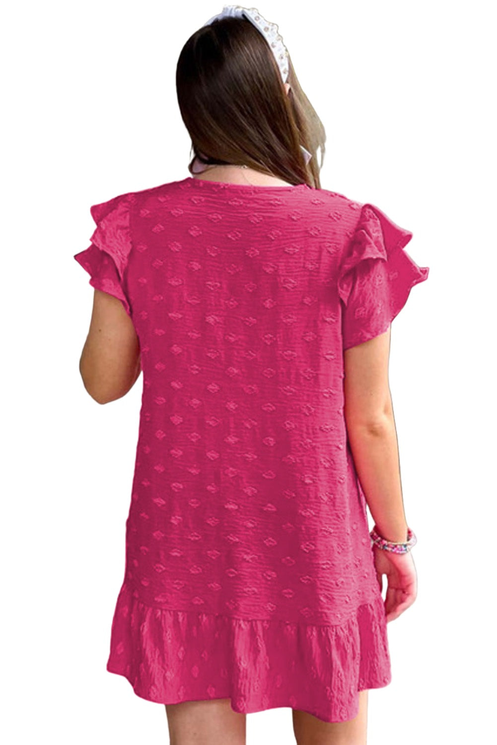 Strawberry Pink Plus Size Swiss Dot Short Ruffle Sleeve Mini Dress