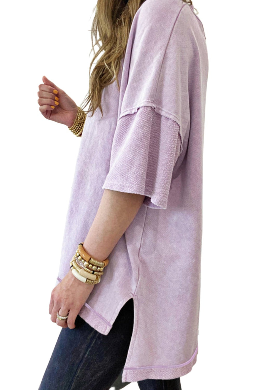 Orchid Petal Mineral Wash Exposed Seam Drop Shoulder Oversized Tee
