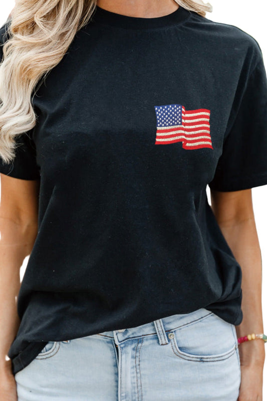 Black American Flag Embroidered Graphic Crew Neck T Shirt