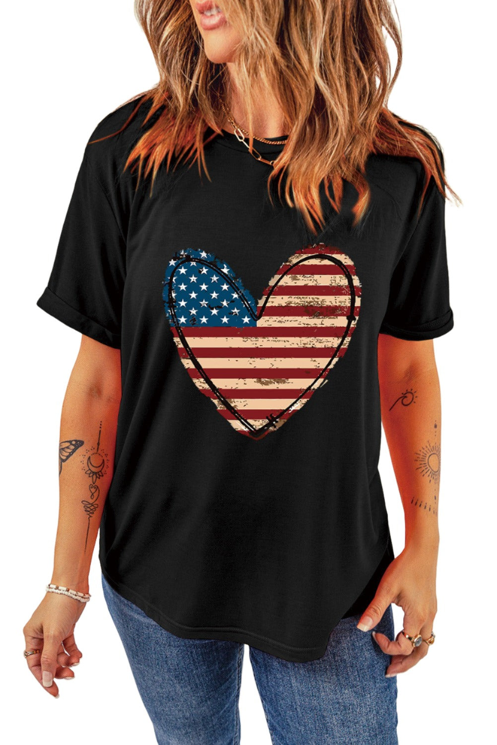 Black American Flag Heart Shape Graphic Crew Neck Tee