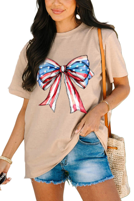 Khaki American Flag Bow Knot Graphic Round Neck T Shirt