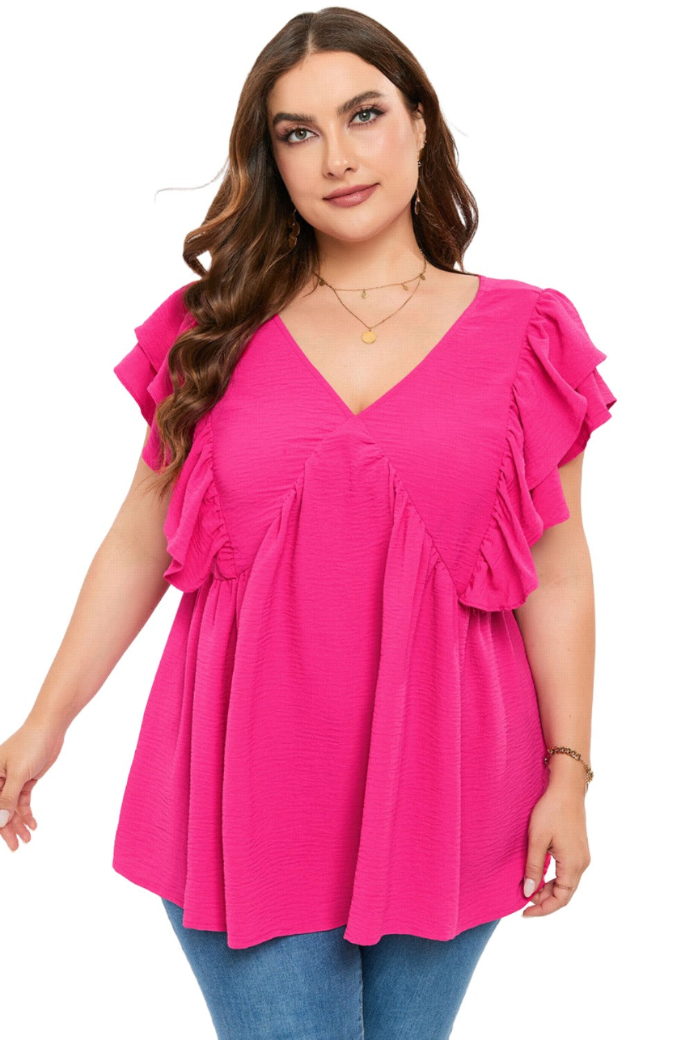 Pink Crinkle V Neck Tie Back Ruffle Plus Size Top