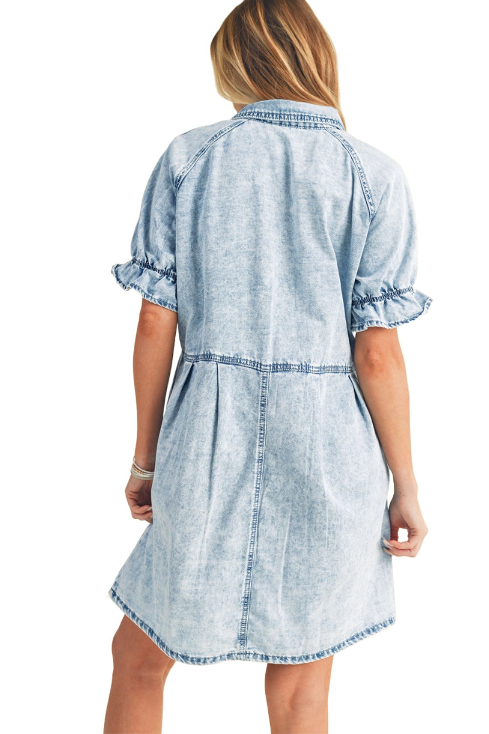 Blue Mineral Washed Ruffled Short Sleeve Pocketed Denim Dress