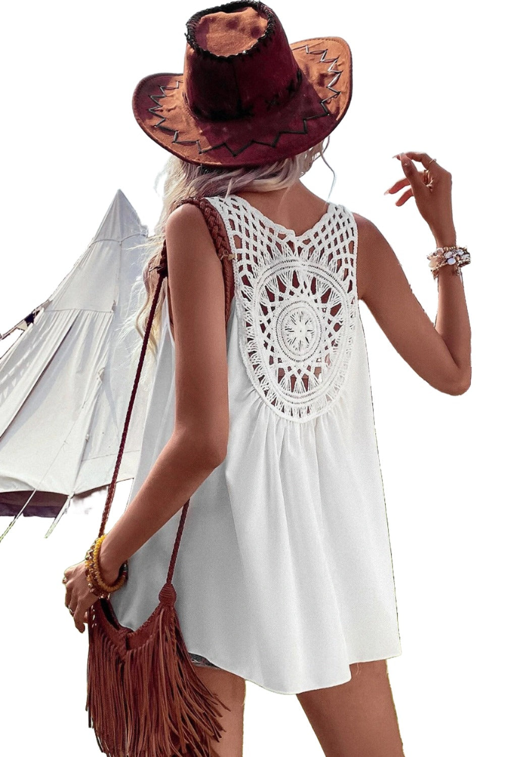 White Bohemian Crochet Sleeveless Tunic Top