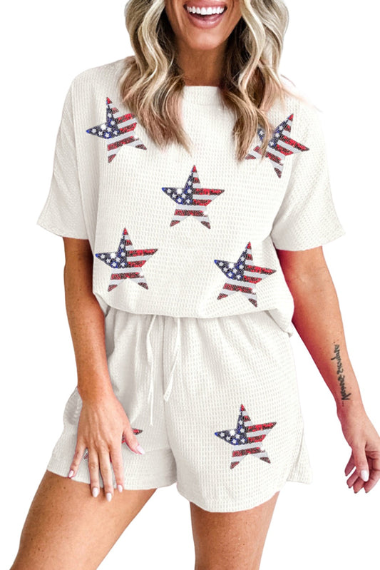 White Waffle Sequin American Flag Star Graphic Shorts Set