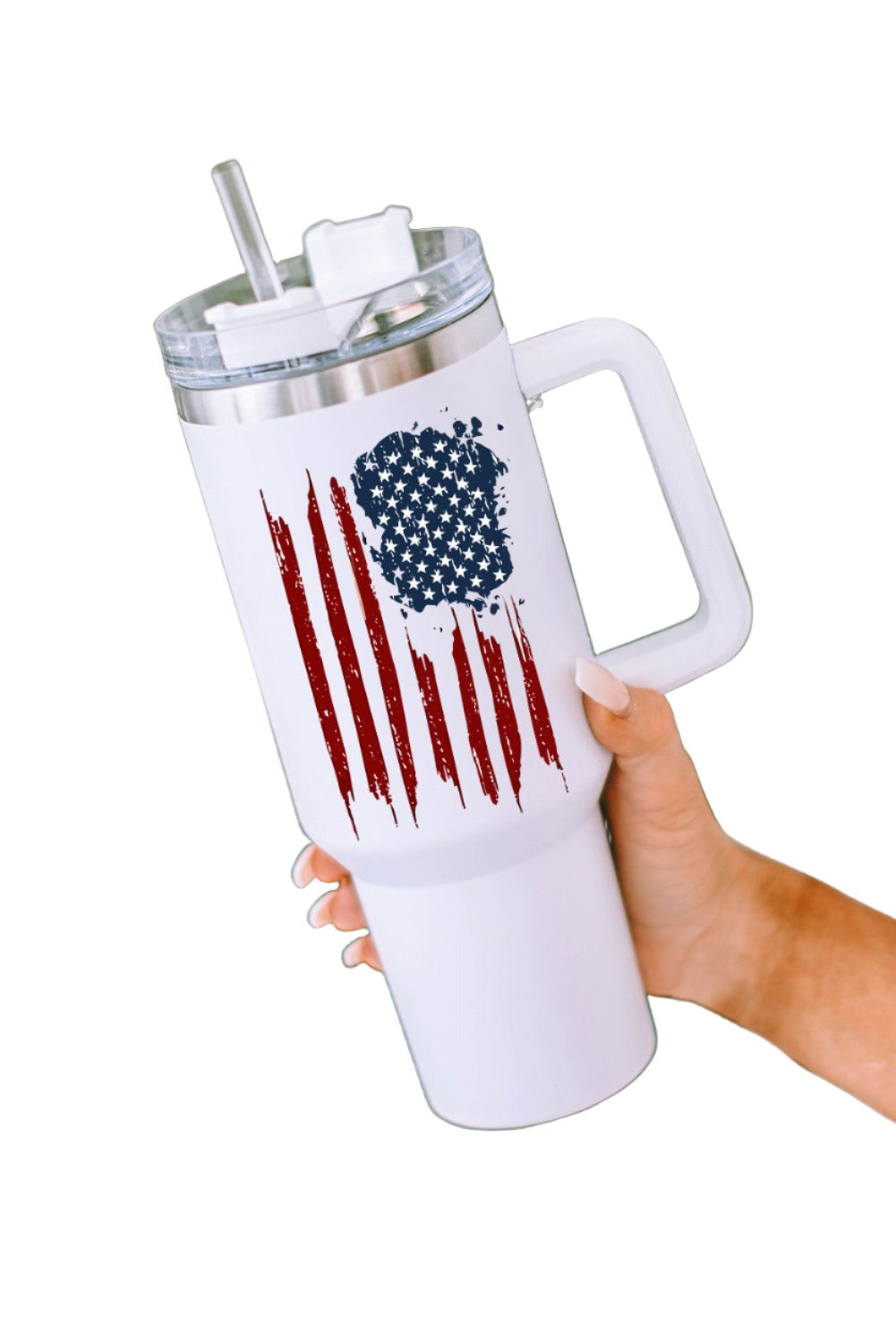 White American Flag Print Stainless Steel Portable Tumbler Mug with Straw