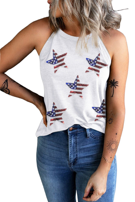 White Sequin American Flag Star Graphic Tank Top