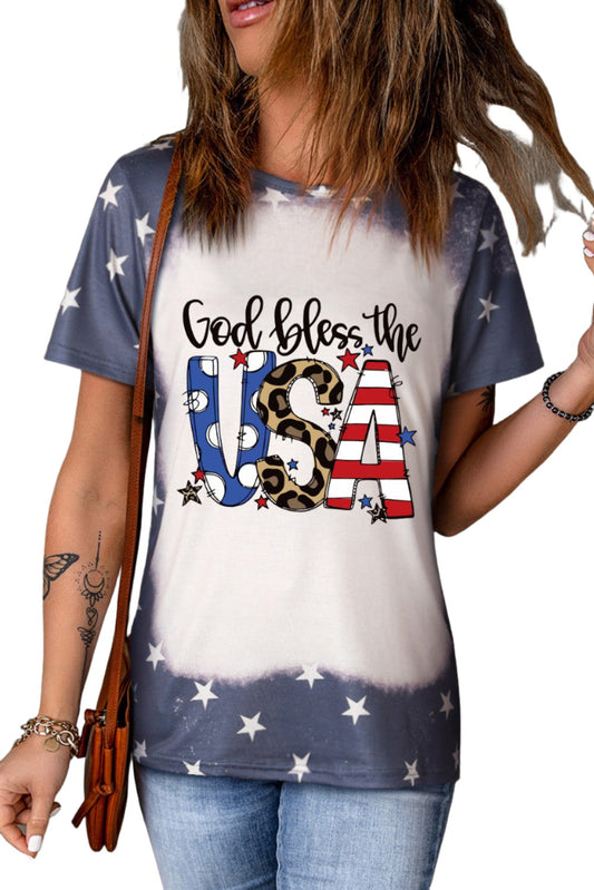 Blue God Bless the USA Graphic Bleached T Shirt
