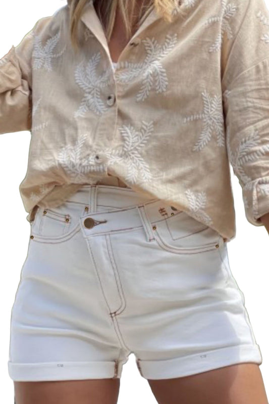 White Asymmetric High Waist Pocketed Denim Shorts