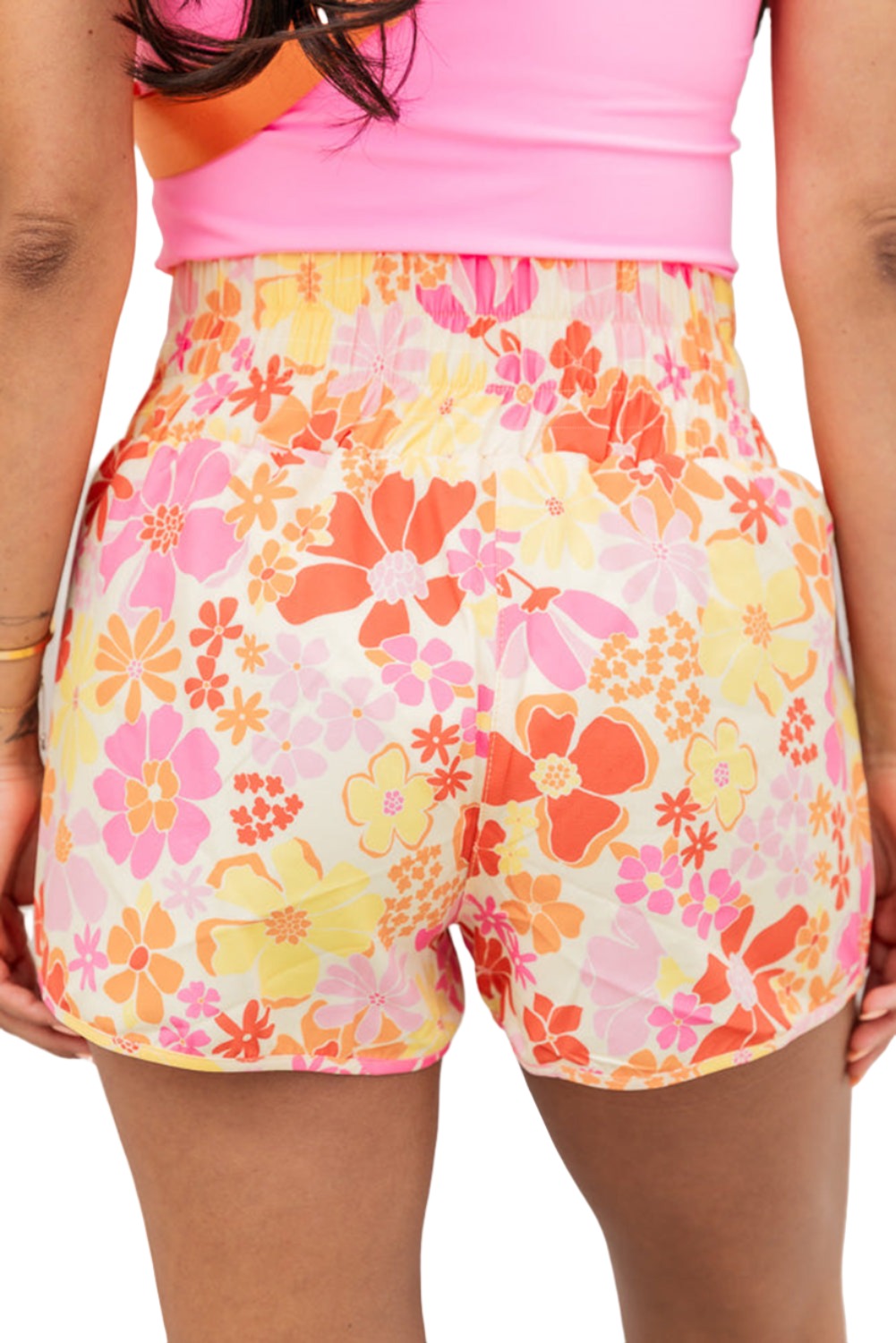 Pink Boho Floral Shirred High Waist Athletic Shorts