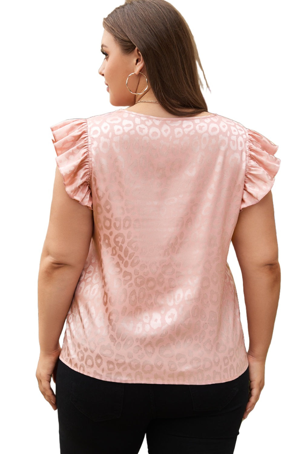 Pink Plus Size Leopard Print Ruffled Flutter Sleeve Satin Blouse