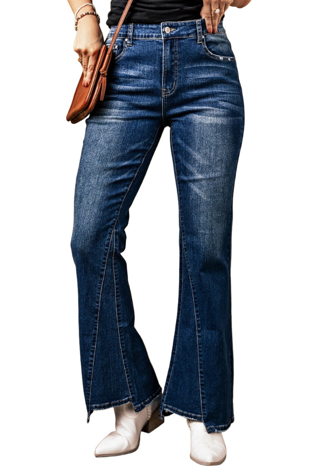 Light Blue Casual Seam Distressed High Waist Flare Jeans