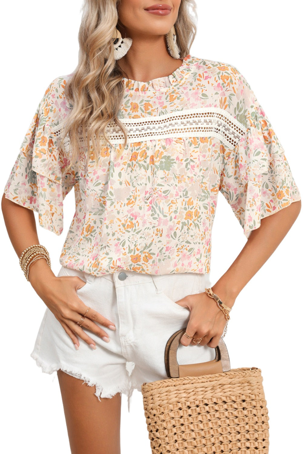 Multicolor Floral Print Wide Batwing Sleeves Blouse
