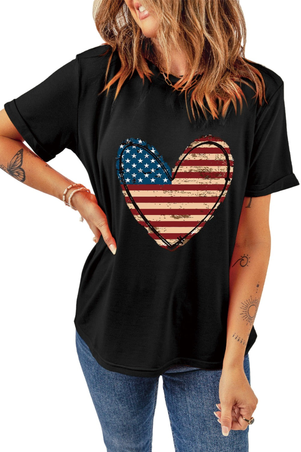 Black American Flag Heart Shape Graphic Crew Neck Tee