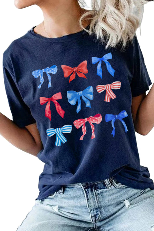 Blue American Flag Bow Knot Graphic Round Neck Tee