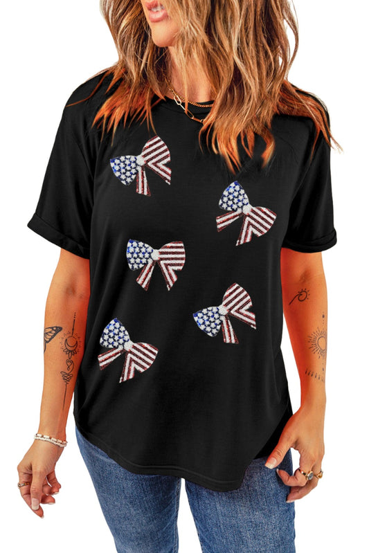 Black Sequined Flag Bowknot Graphic Roll Up Sleeve T Shirt