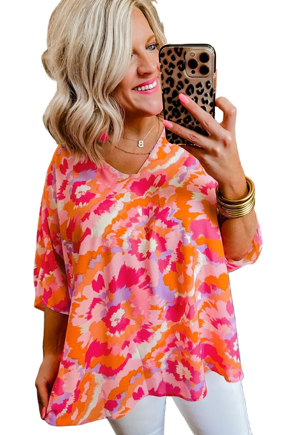 Rose Red Boho Abstract Print V Neck Loose Top
