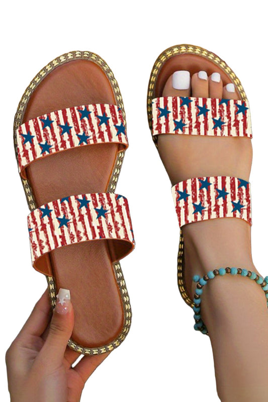 Fiery Red American Flag Print Double Band Flat Slides Shoes
