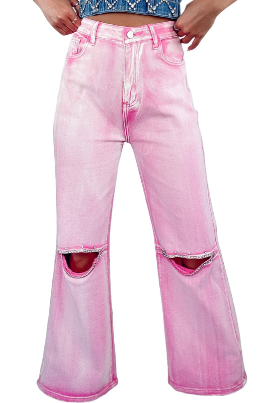 Pink Washed Rhinestone Cutout High Waist Wide Leg Jeans