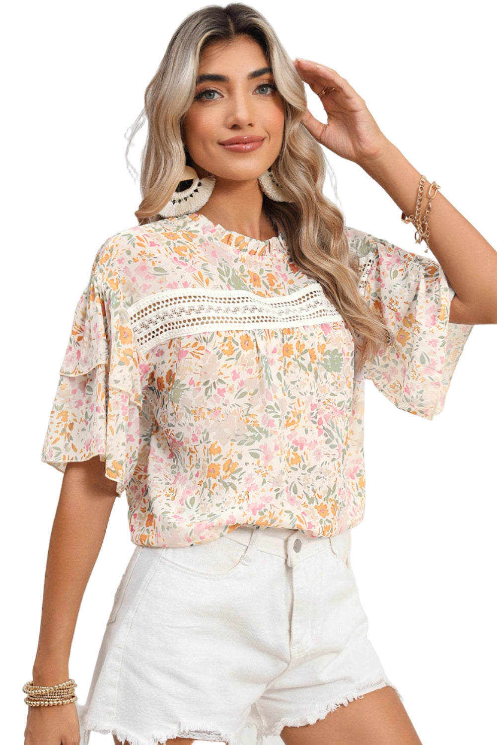 Multicolor Floral Print Wide Batwing Sleeves Blouse