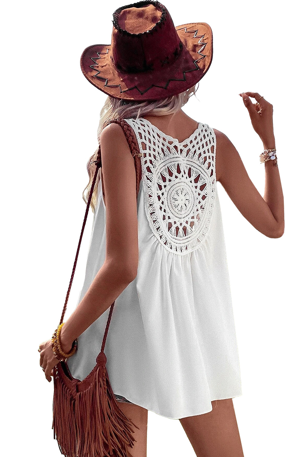 White Bohemian Crochet Sleeveless Tunic Top