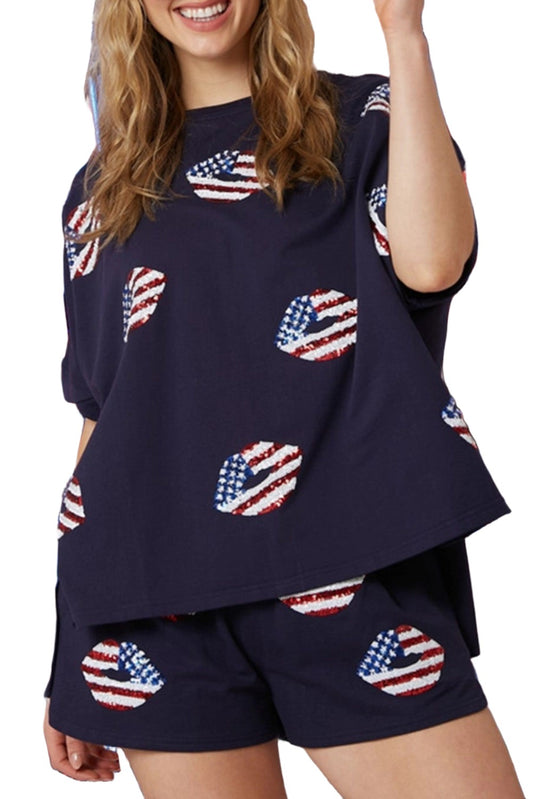 Navy Blue American Flag Sequin Graphic Loose Tee and Short Set