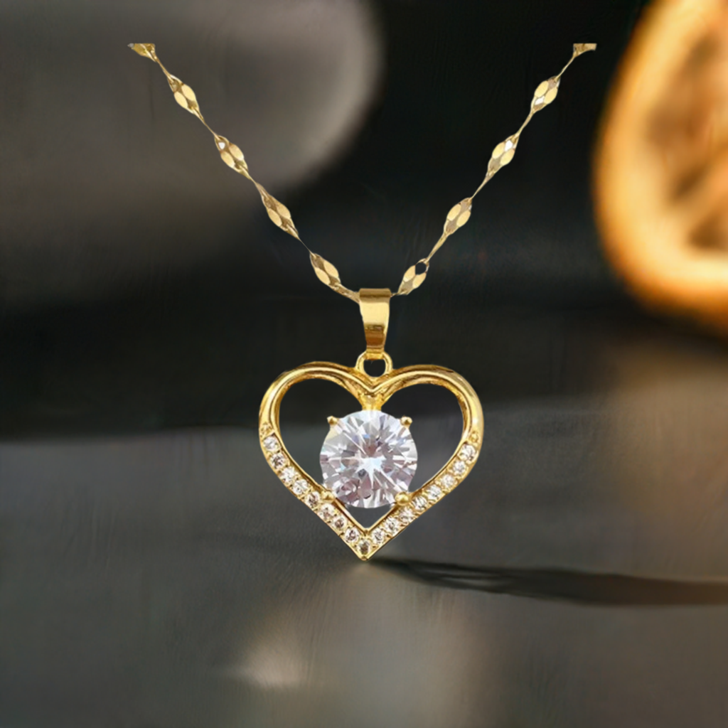 Artificial Gems Heart Pendant Necklace for women Golden Stainless Steel
