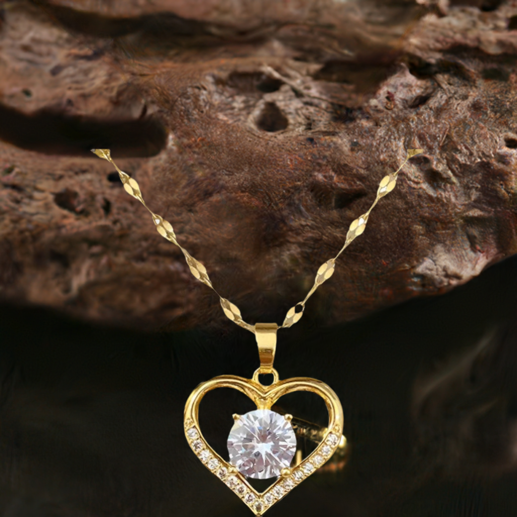 Artificial Gems Heart Pendant Necklace for women Golden Stainless Steel